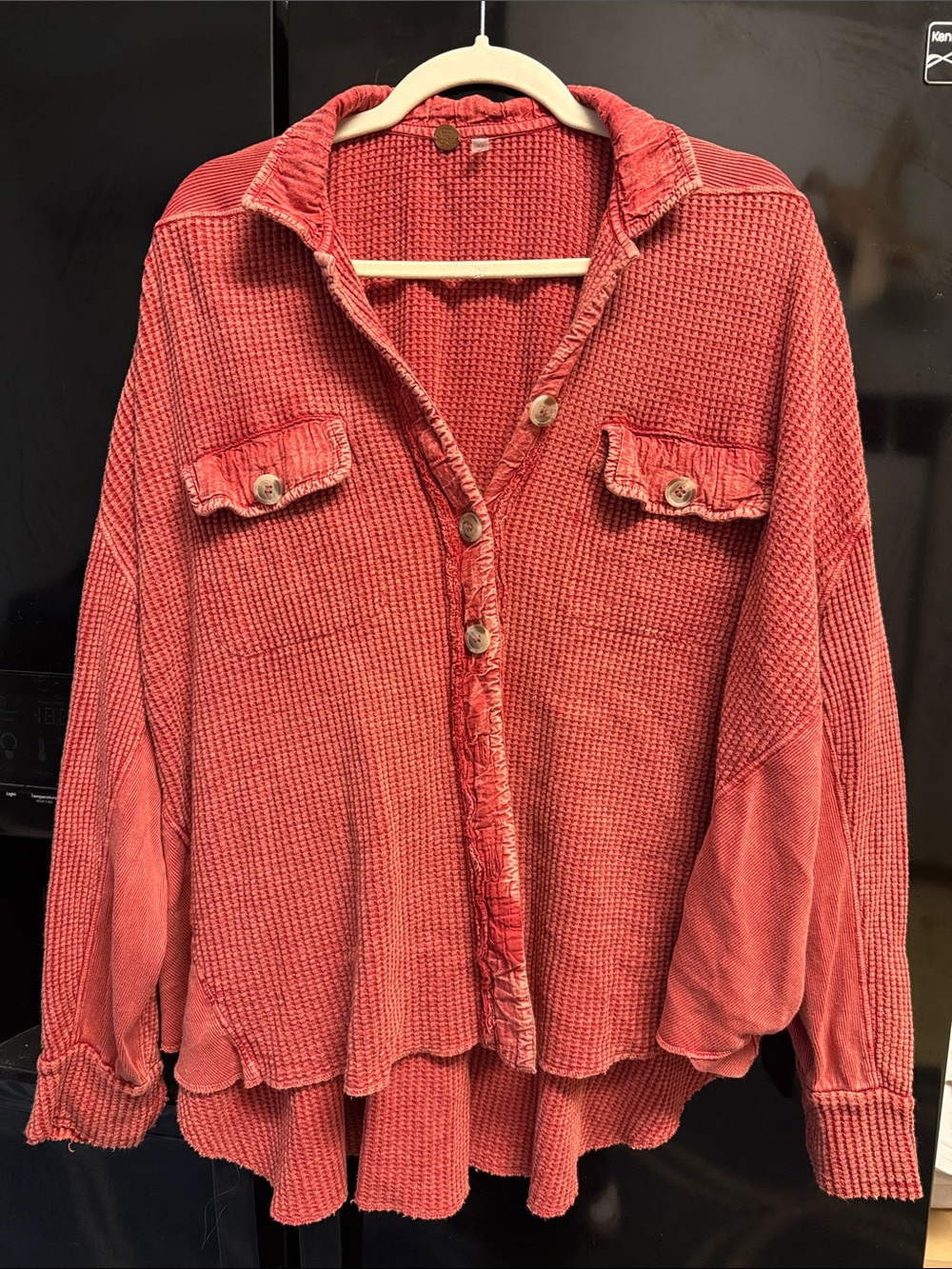 Free People Oversized Waffle Knit Button-Front Shirt Jacket - Red